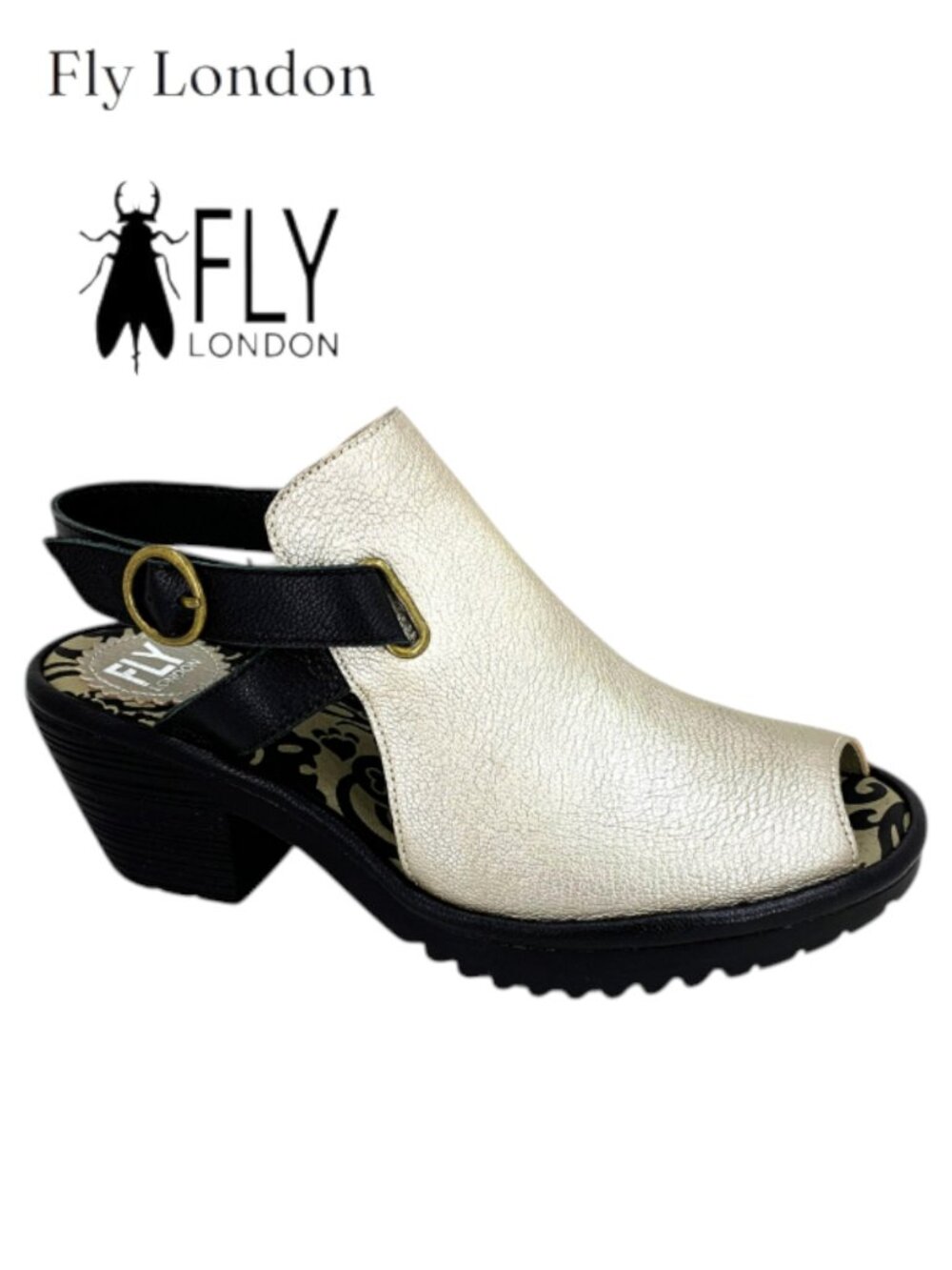 Fly London Wena 137 Fly Leather Slingback Sandal Silver/Black Lug Sole Sz 6.5